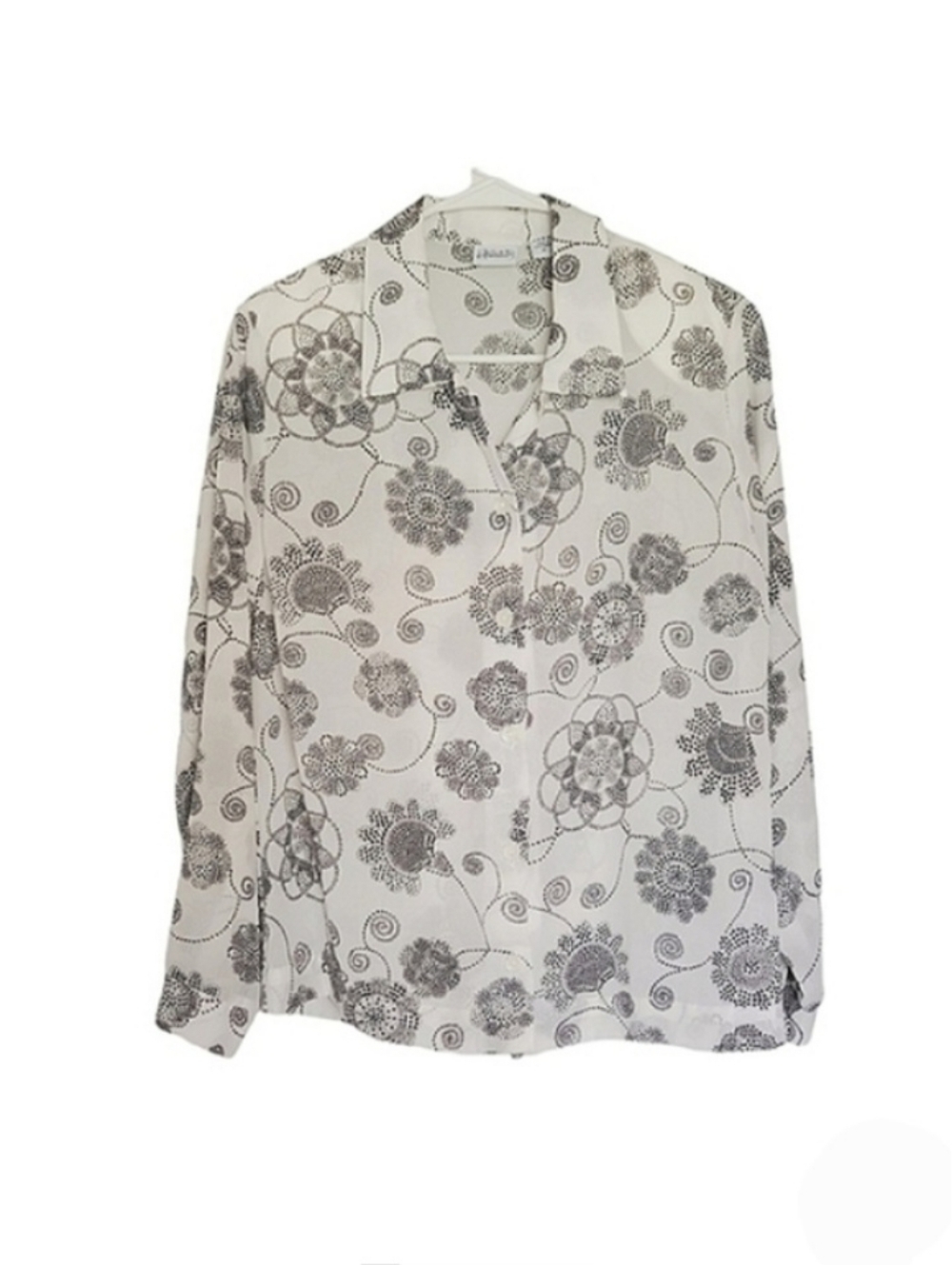 1205 * Haband Floral Print Button Down White Black Size M Vintage 80s